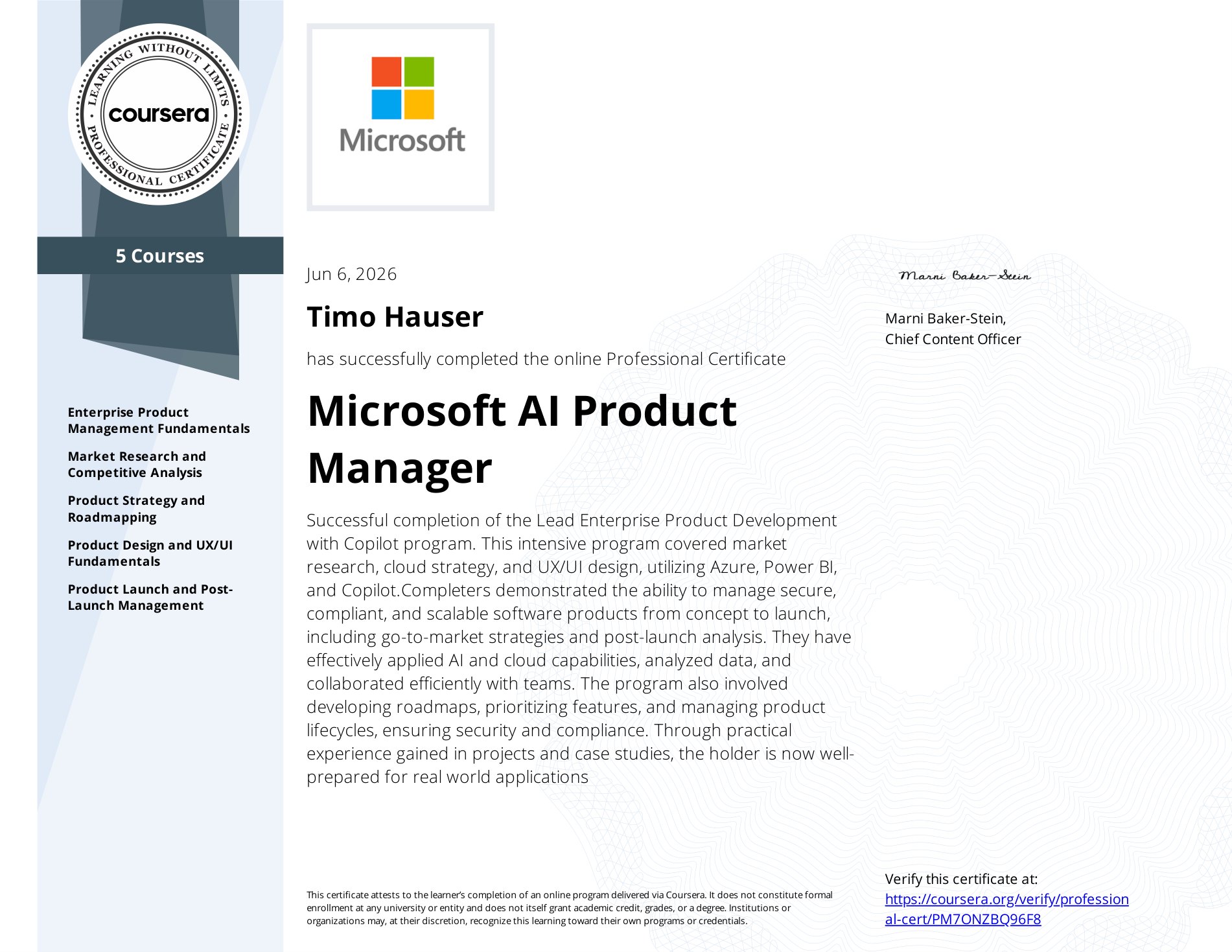 Microsoft AI Product Manager Professional Certificate, issued via Coursera, June 2026